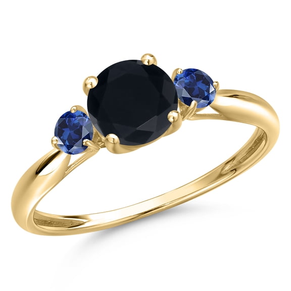 Gem Stone King 10K Yellow Gold Black Onyx and Blue Created Sapphire 3-Stone Ring for Women | 1.08 Cttw | Round 6MM | Gemstone December Birthstone | Size 8