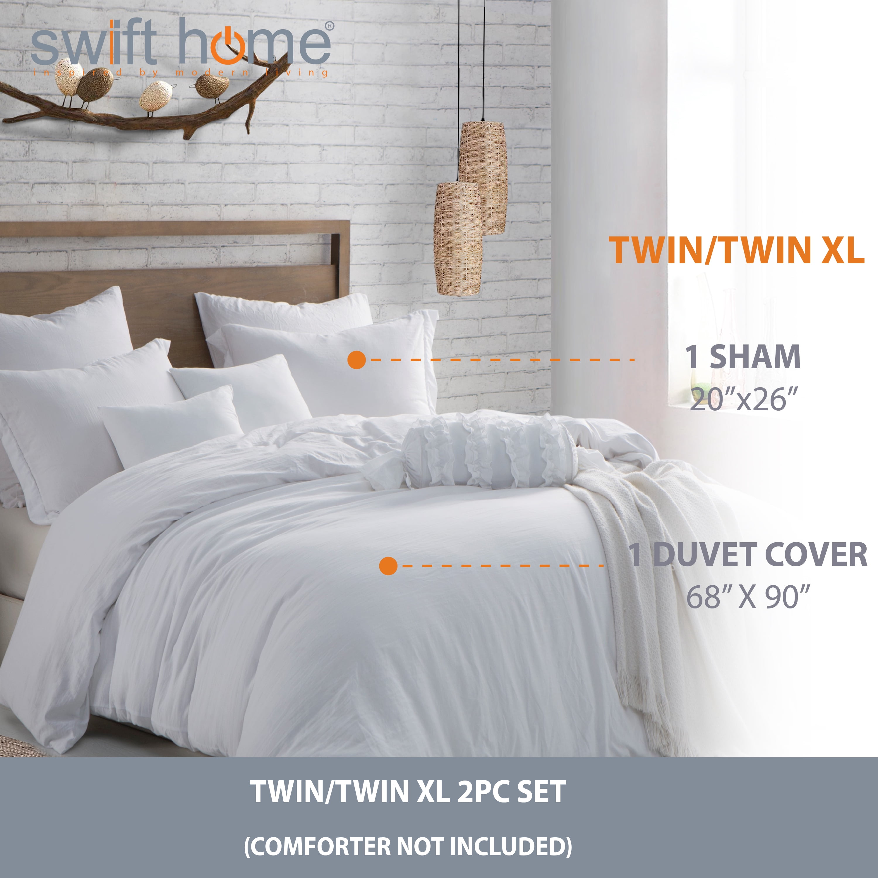 Swift Home Ultra Soft Crinkled Texture Pre-Washed Duvet Cover & Sham Set (Comforter not Included), Twin/Twin XL (68"x 90"), White