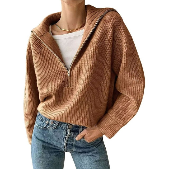 Suéter Informal Holgado de Punto Acanalado con Cuello en V y Larga para Mujer, con Cremallera de un Cuarto, para Invierno y Otoño Camello Rojo XXL