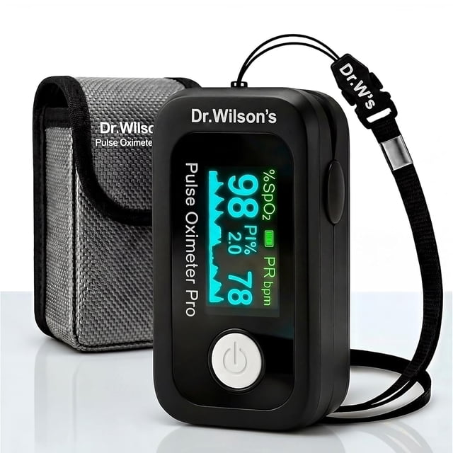 Dr. Wilson's Pulse Oximeter – Accurate SP02, Pulse Rate & Perfusion Index. OLED Display, Alarm, Anti-Movement Tech. Includes Case, Batteries & Bilingual Manual. For Ages 12+.