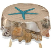 SKYSONIC Blue Starfish Beach Round Tablecloth 60inch Indoor Wrinkle Free, Coast Seashells Conch Circular Lace Table Cover Washable for Kitchen Party BBQ Dining Decor