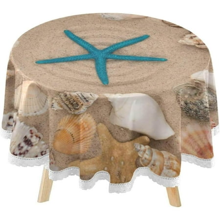 SKYSONIC Blue Starfish Beach Round Tablecloth 60inch Indoor Wrinkle Free, Coast Seashells Conch Circular Lace Table Cover Washable for Kitchen Party BBQ Dining Decor