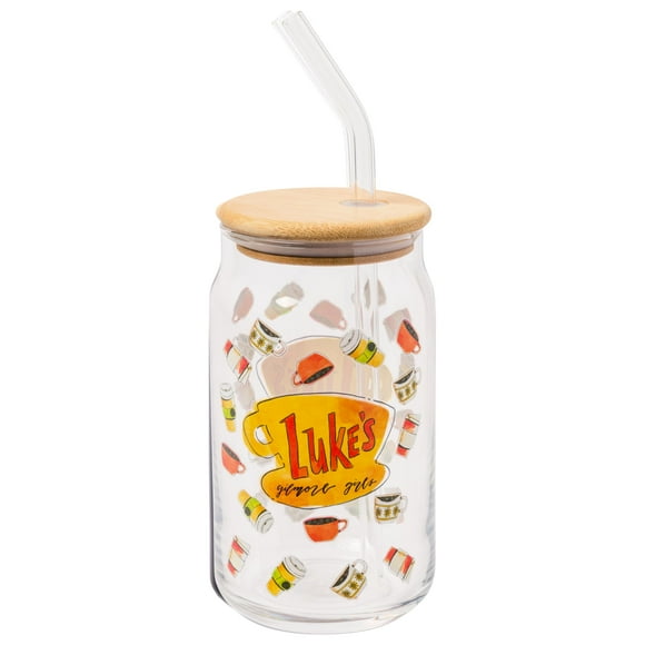 Silver Buffalo Gilmore Girls Luke's Diner Logo Vaso de vidrio con tapa de bambú y pajita de vidrio, 16 onzas