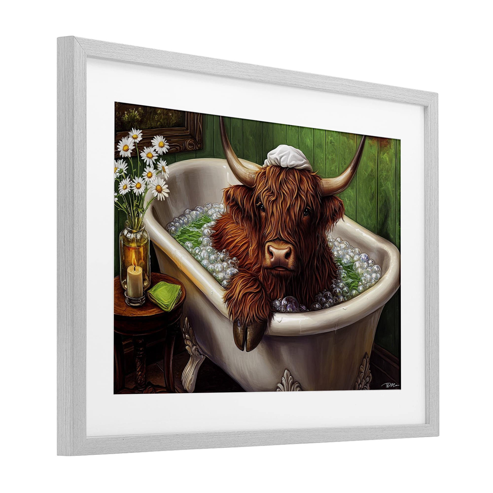 Highland in Candle Lit Bubble Bath Gray Framed Print Under Glass, design by Momart