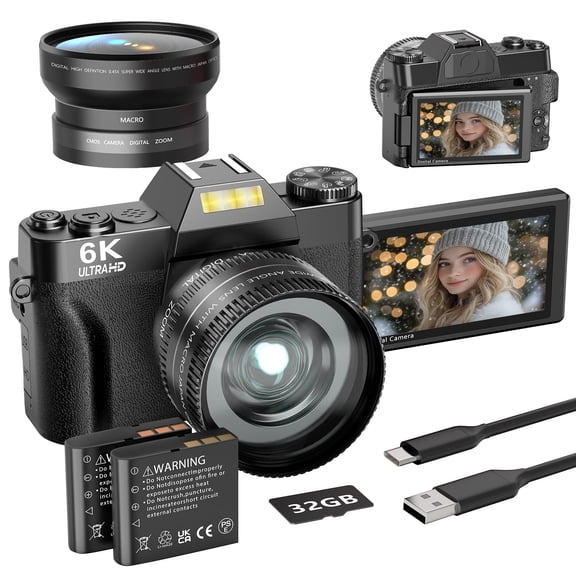 Saneen Digital Camera 6K 64MP Wifi Vlogging Cameras for YouTube 3''180° Flip Screen 16X Zoom 32GB SD Card 52mm Lens Black