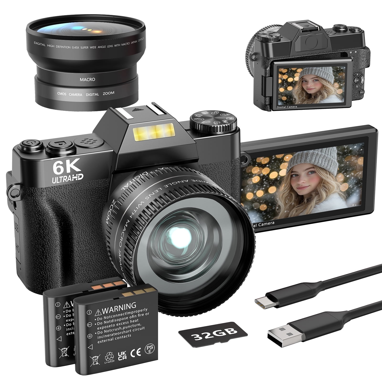 Saneen Digital Camera 6K 64MP Wifi Vlogging Cameras for YouTube 3''180° Flip Screen 16X Zoom 32GB SD Card 52mm Lens Black