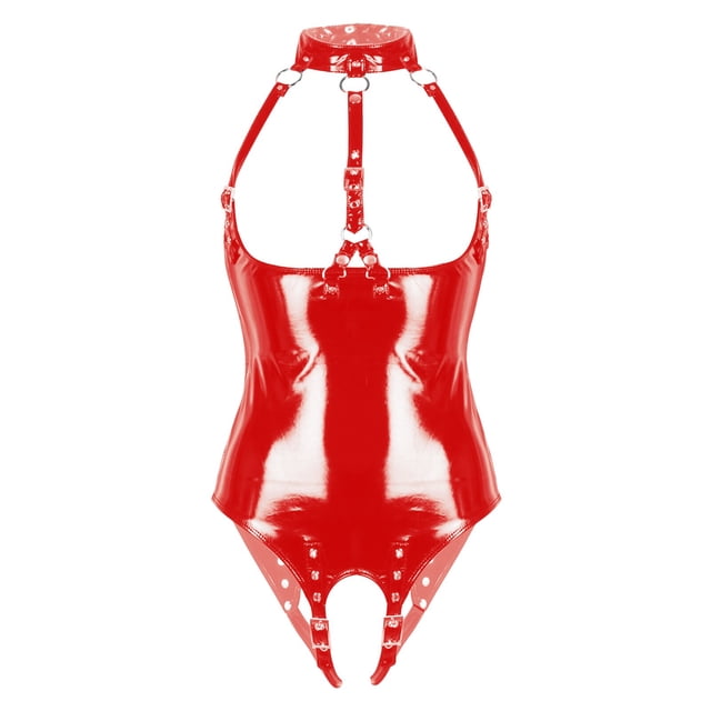 Womens Wet Look Patent Leather Lingerie Bodysuit Sexy Halter Neck Open Cups Bare Breast Crotchless Leotard Nightwear ClubwearS Gong Bohan LED