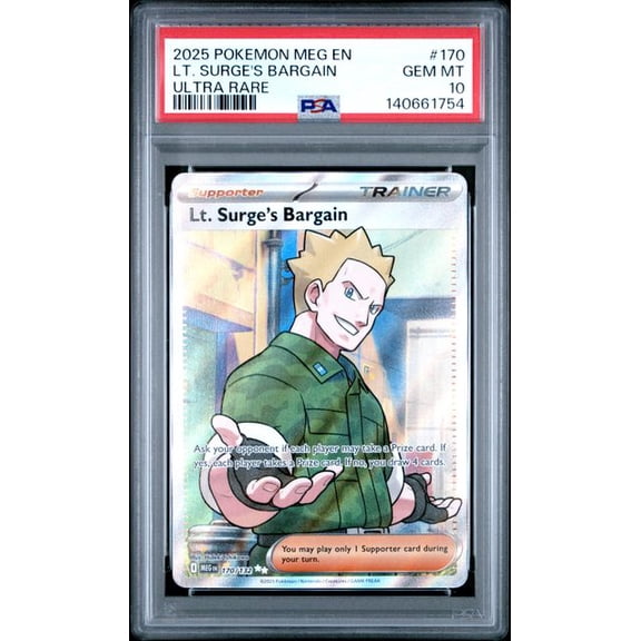 Graded 2025 PKM MEG EN Lt. Surge's Bargain #170 Ultra Rare Trading Card Game PSA 10 Gem Mint