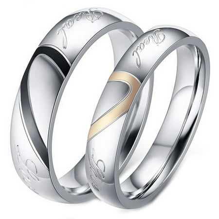 His and Her Real Love Promise Ring, Couple's Matching Heart Wedding Band in Stainless Steel, for Men and Women, Comfort