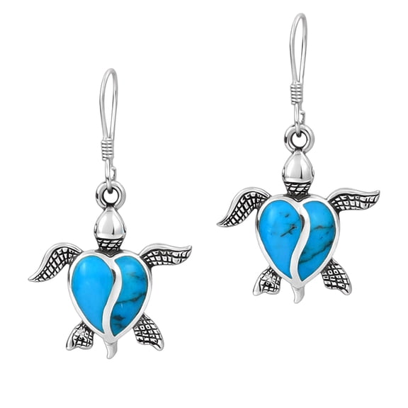 Love Life Sea Turtle Heart Blue Turquoise Sterling Silver Dangle Earrings