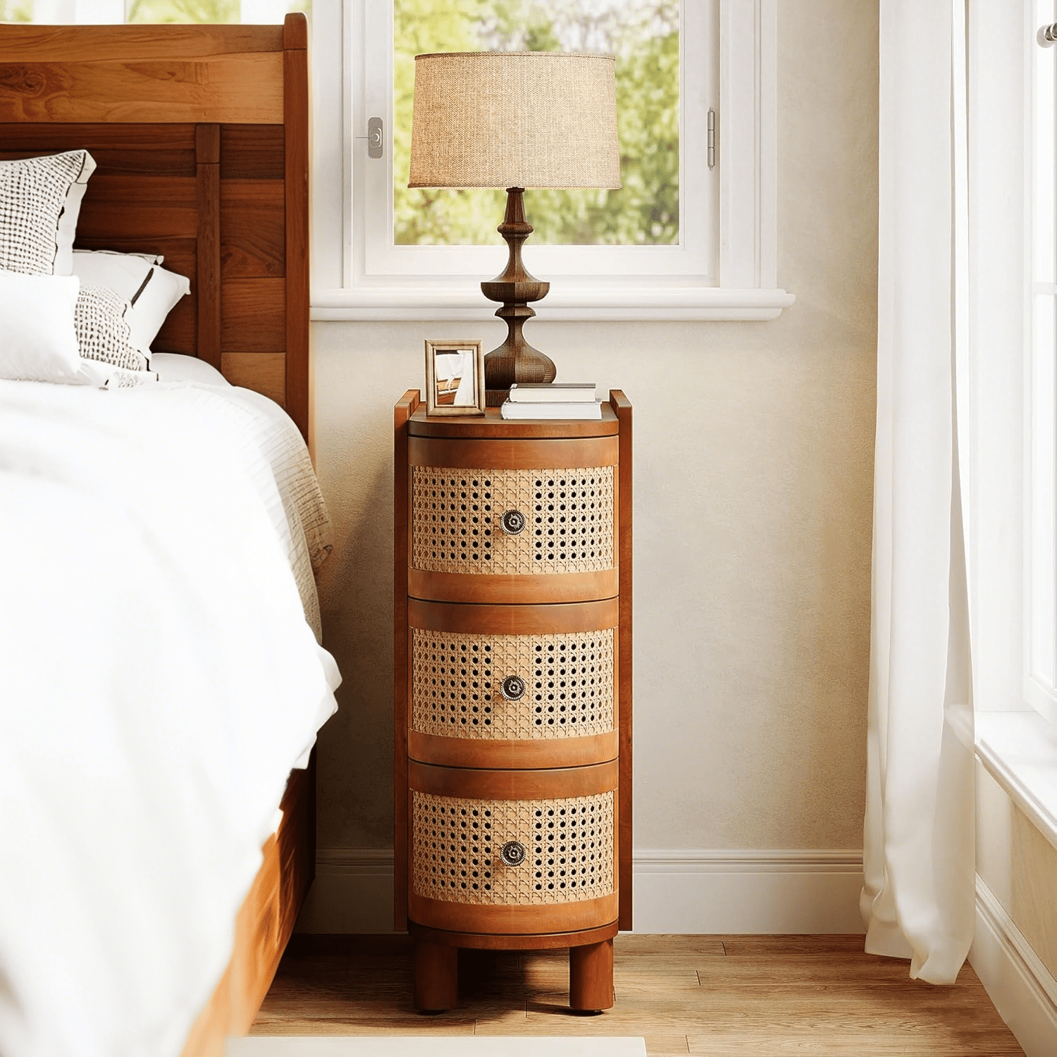 Tribesigns 3-Drawer Rattan End Table, Solid Wood Sofa Side Table with Vintage Embossed Handles for Living Room, Bedroom, No Assembly, Walnut & Oak