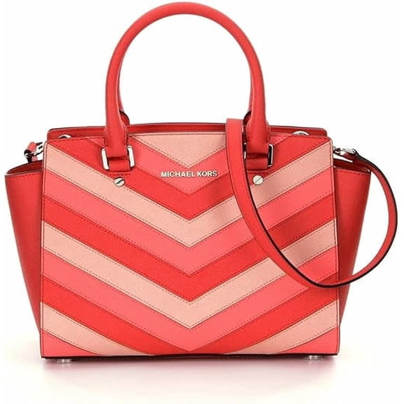 Michael Kors Selma Top Zip Chevron Saffiano Leather Satchel Crossbody Bag ,Coral