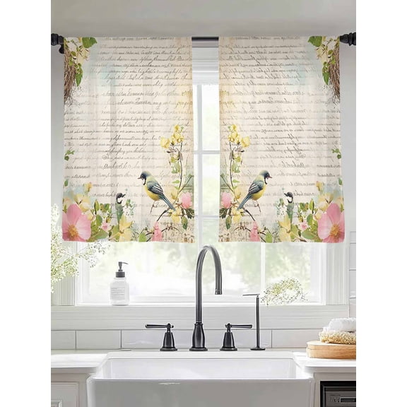 Vintage Bird Flowers Sheer Curtains for Living Room Bedroom Spring Retro Botanical Watercolor Sheer Curtains 54 Inch Long 2 Panels Set Light Filtering Curtain Window Treatments Drapes for Dining Room