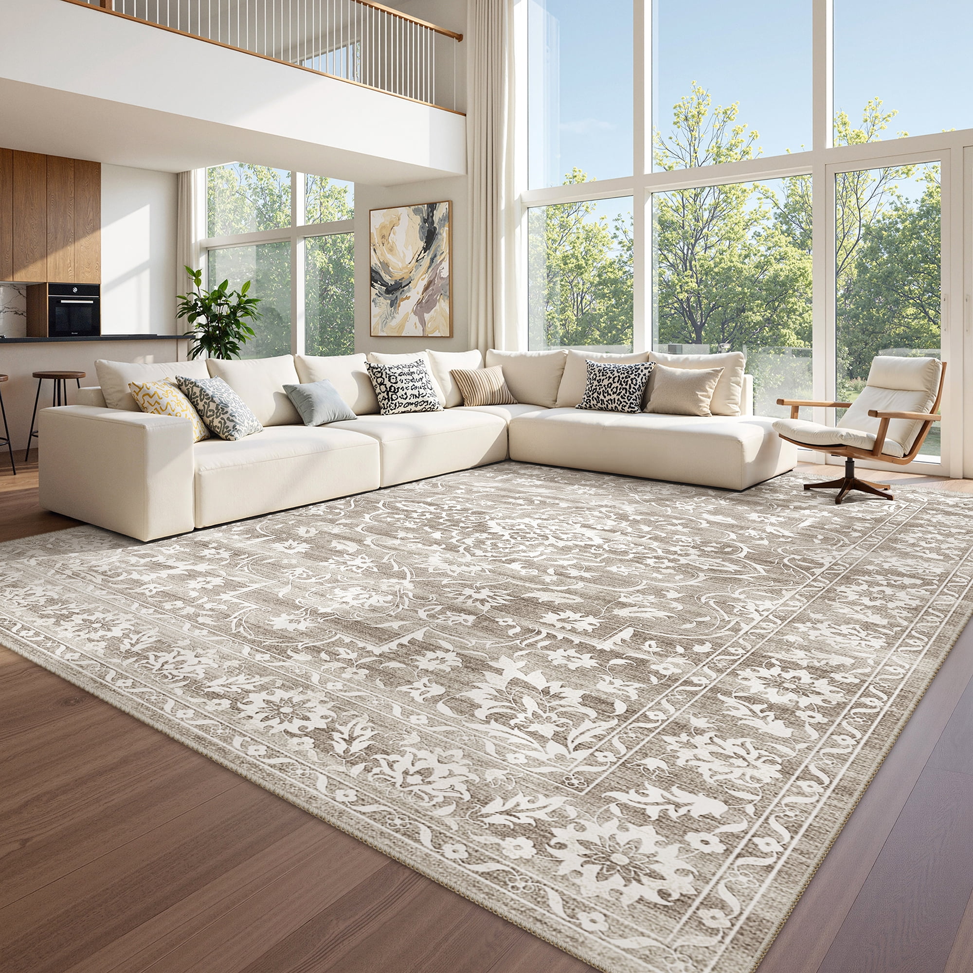 Roxstand 10x14 Area Rugs for Living Room, Stain Resistant Floral Vintage Washable Rugs, Non-Slip Thin Farmhouse Brown Rugs(10'x14', Brown)