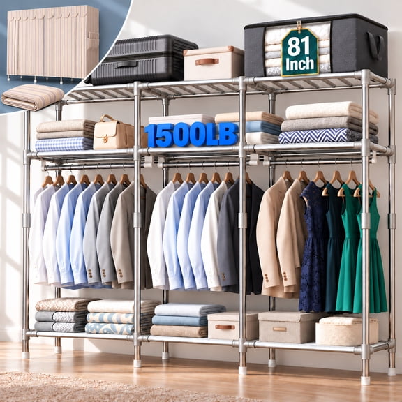 Glazina Portable Closet Organizer, 81 inch Wide Wardrobe Closet with Polyester Dustproof Cover and 18mm Steel Frame, Easy Assembly