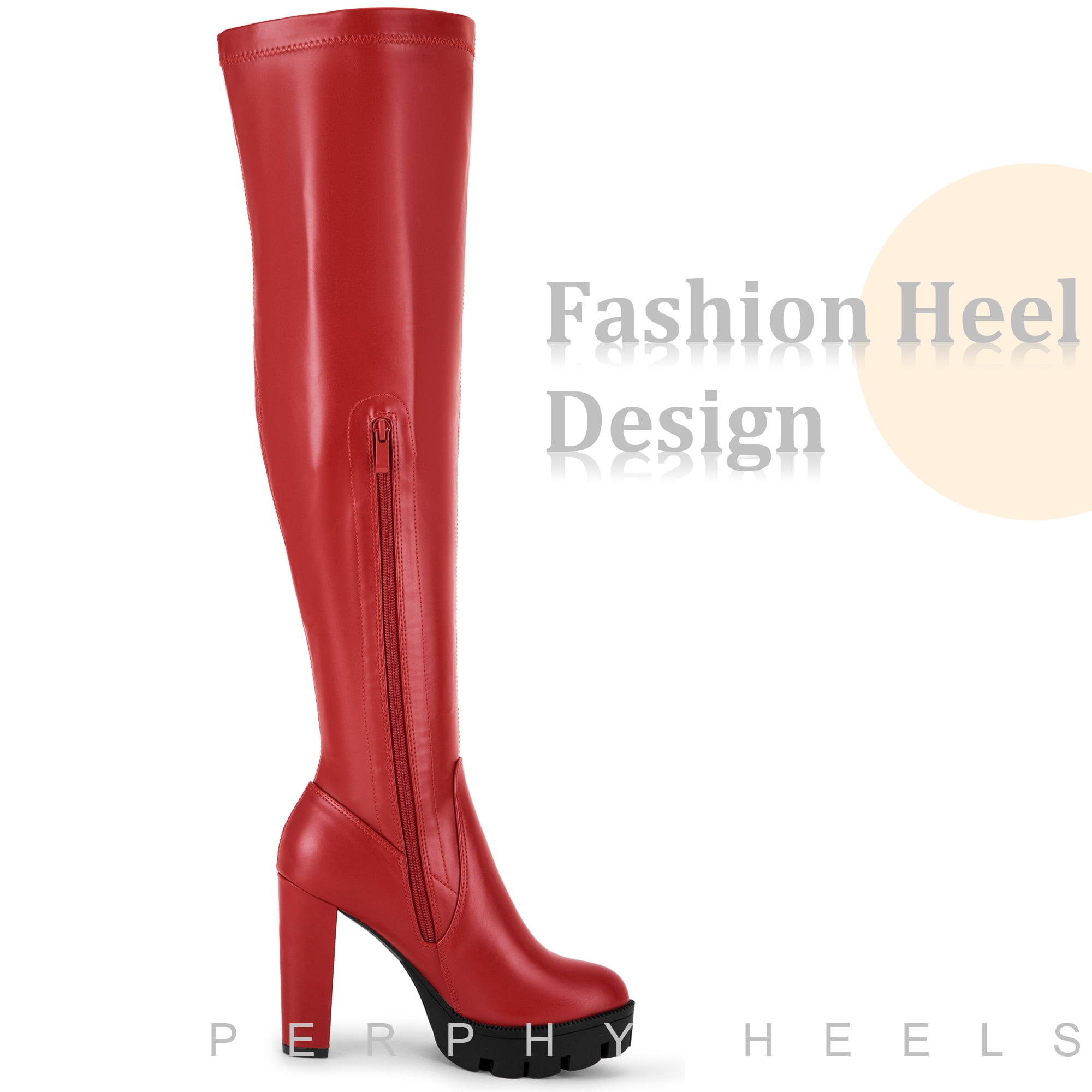 DARING DIVA Women's Platform Chunky Heels Over the Knee High Boots Red 8
