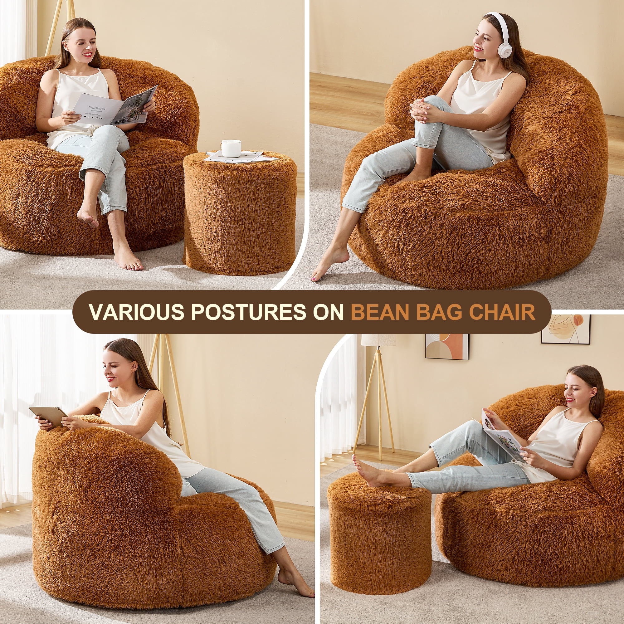 Hobestluk Giant Bean Bag Chairs for Adults Big Bean Bag Chair with Foam Filler Large Beanbags with Stuffed Back Lazy Sofa, Caramel-Oversize