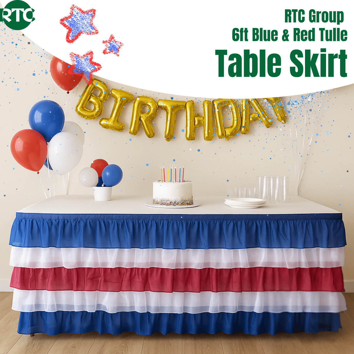 (10 pack) RTC Group 100% Polyester Tulle Ruffle Table Skirt Cover 6ft, 72 x 30 - Birthday Parties, Wedding, Party Decorations, Patriotic