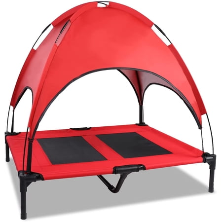 SMONTER Elevated Dog Bed with Canopy, Outdoor Pet Cot with Removable Canopy Shade, Portable Raised Dog Bed with Stable Frame and Breathable Mesh for Small, Medium, Large Dogs, Large, Red