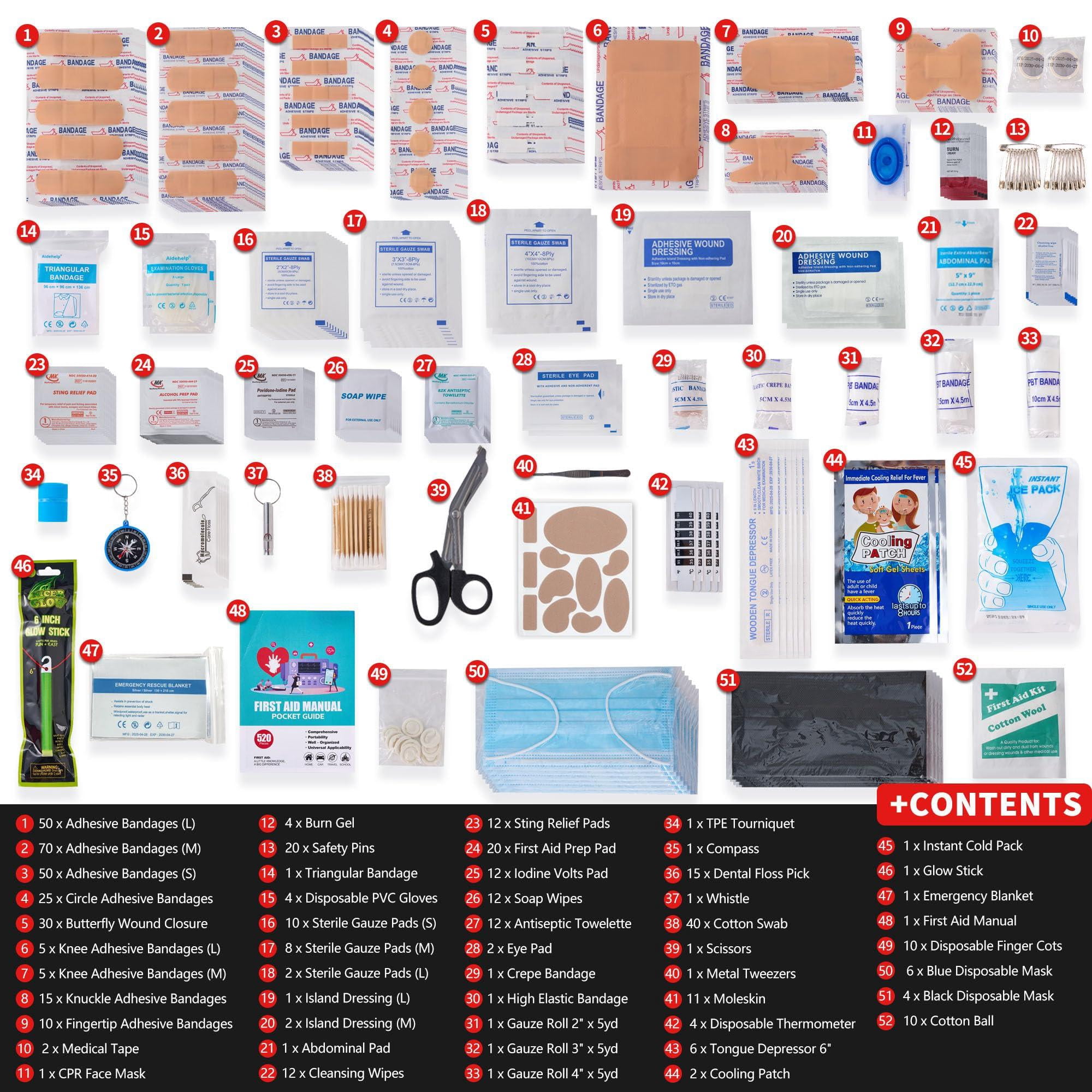 520 Pieces First Aid Kit - Large Emergency For  Car Home Travel Camping Backpack Hiking School (black)