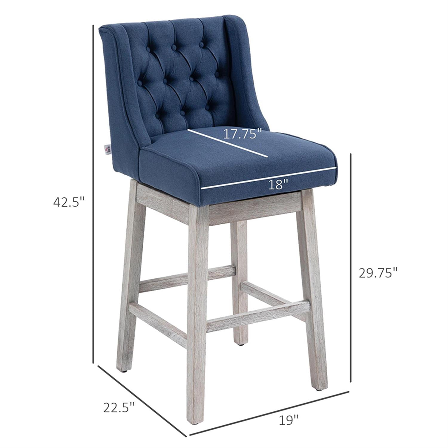 Demi Bonn 180 Degree Swivel Bar Stool Set of 2, Modern Cushioned Bar 30" Seat Height Stool with Button Tufted Back and Solid Wood Legs, Blue
