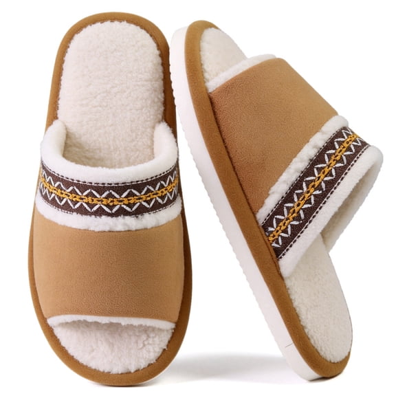 BERANMEY Open Toe Slippers for Womens Mens Cozy Women's Slippers Non-Slip Indoor Fuzzy Slip on Embroidered House Slippers for Bedroom & Living Room