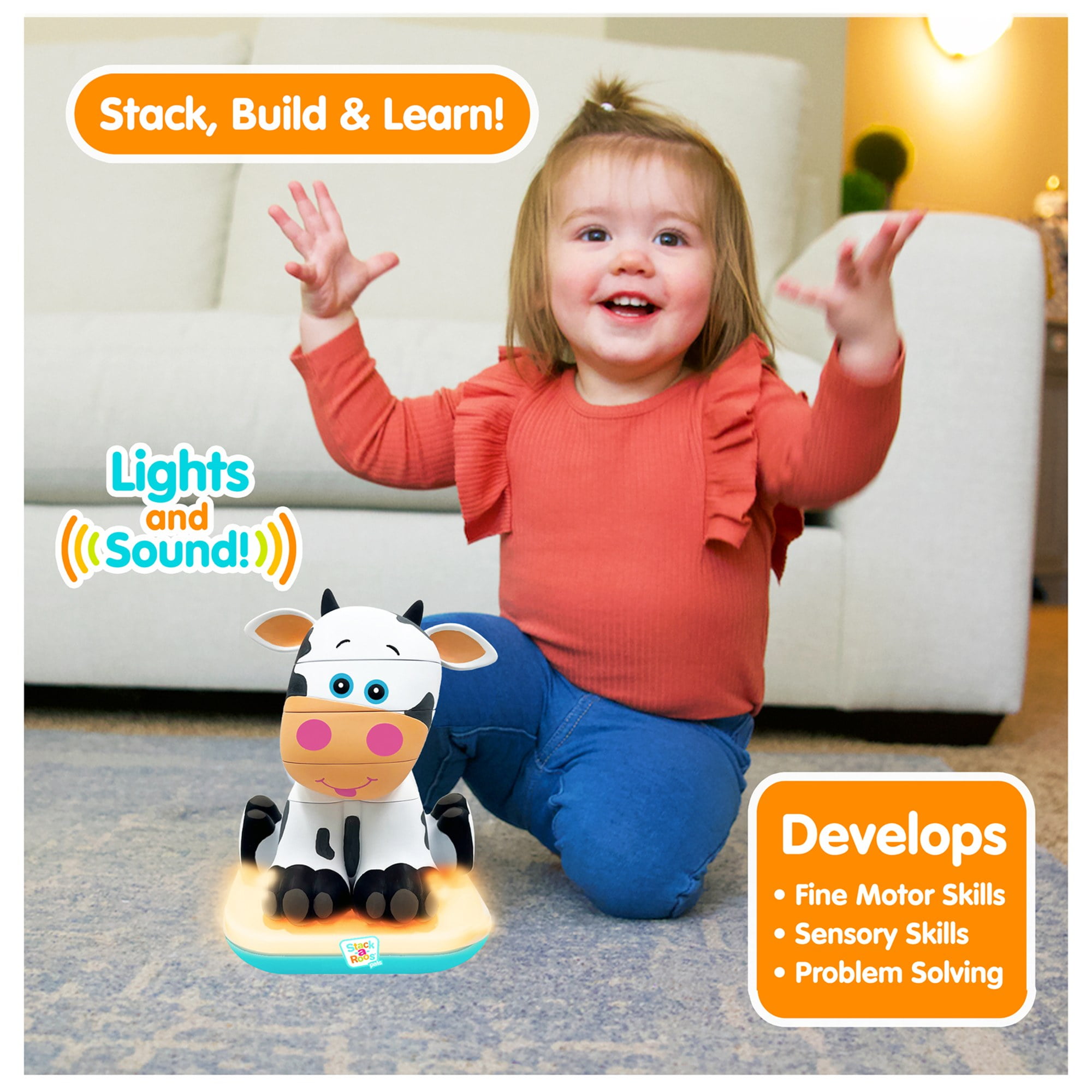 Stack-a-Roos Pals: Baby Cow - Lights & Sounds, Toddlers Ages 12+ Months, 5 Piece Stacking Animal Tower, Boys & Girls