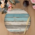 thumbnail image 3 of Farmhouse Blue Grey Brown Round 13 Inch Placemats Set of 6, Vintage Ombre Wooden HeatResistant Non Slip Place Mats for Dining Table, Wipeable Braided Kitchen Table Mats for Housewarming, 3 of 9