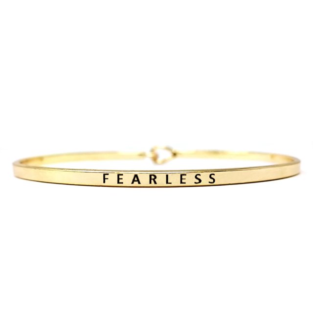 Me Plus Inspirational Fearless Positive Message Engraved Thin Bangle Hook Bracelet (Gold, Brass)