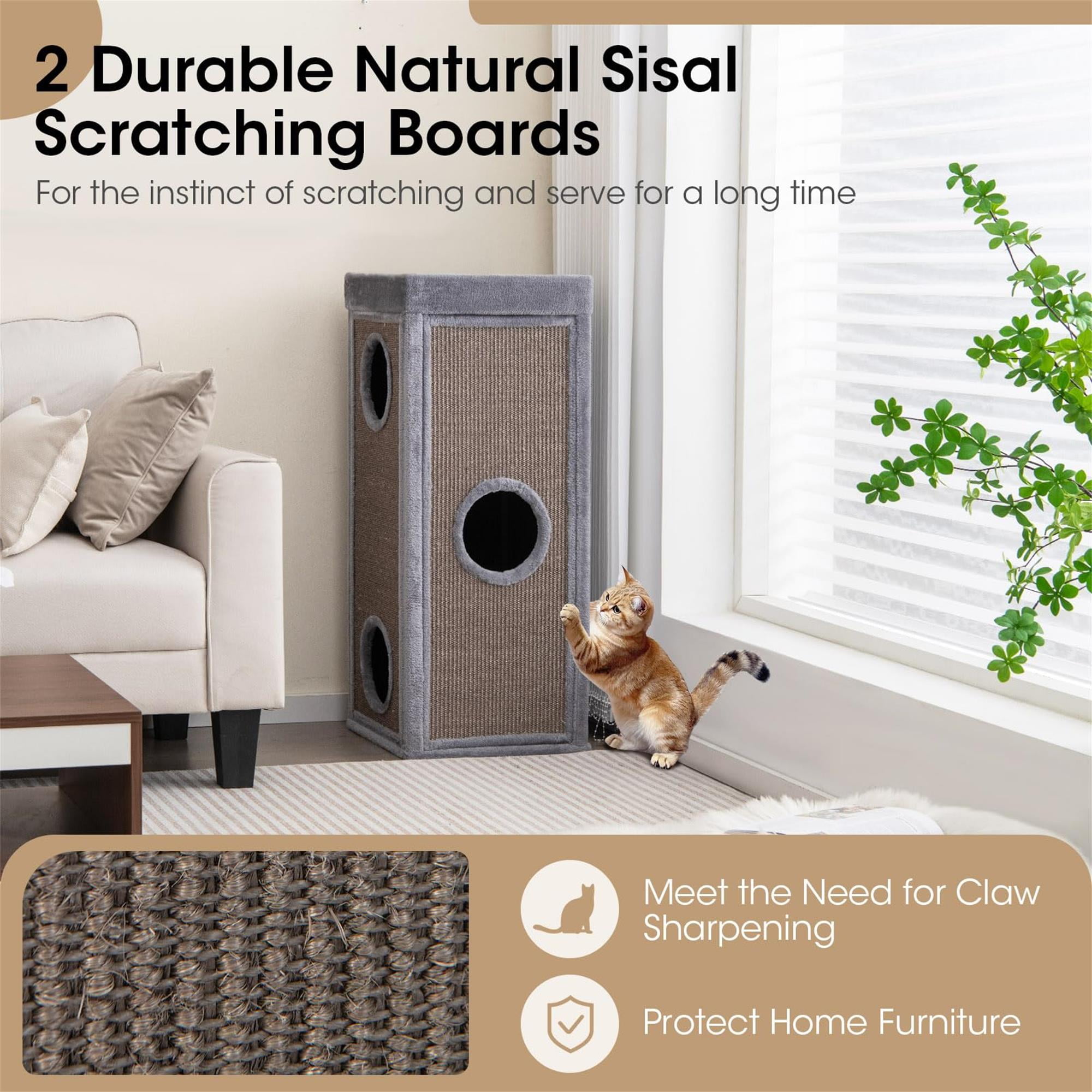 Kadyn 39" Indoor Cat Cave Bed, Cat House Scratcher Furniture, Cat Condo with Scratching Posts, 3 Hideaways, 4 Soft Plush Cushions, Gray