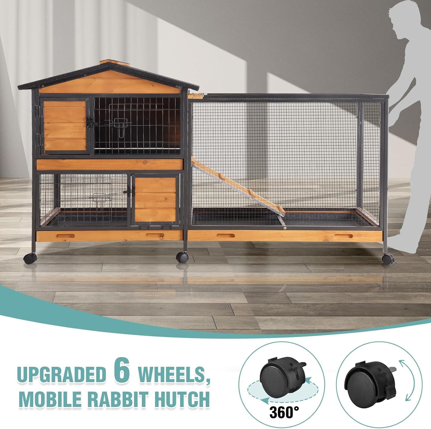 Aivituvin 2-Story Rabbit Cage with Chew-Proof Metal Frame for Indoor/Outdoor 62" Bunny Hutch Guinea Pig Wooden Cages with Wheels & 2 Removable Trays