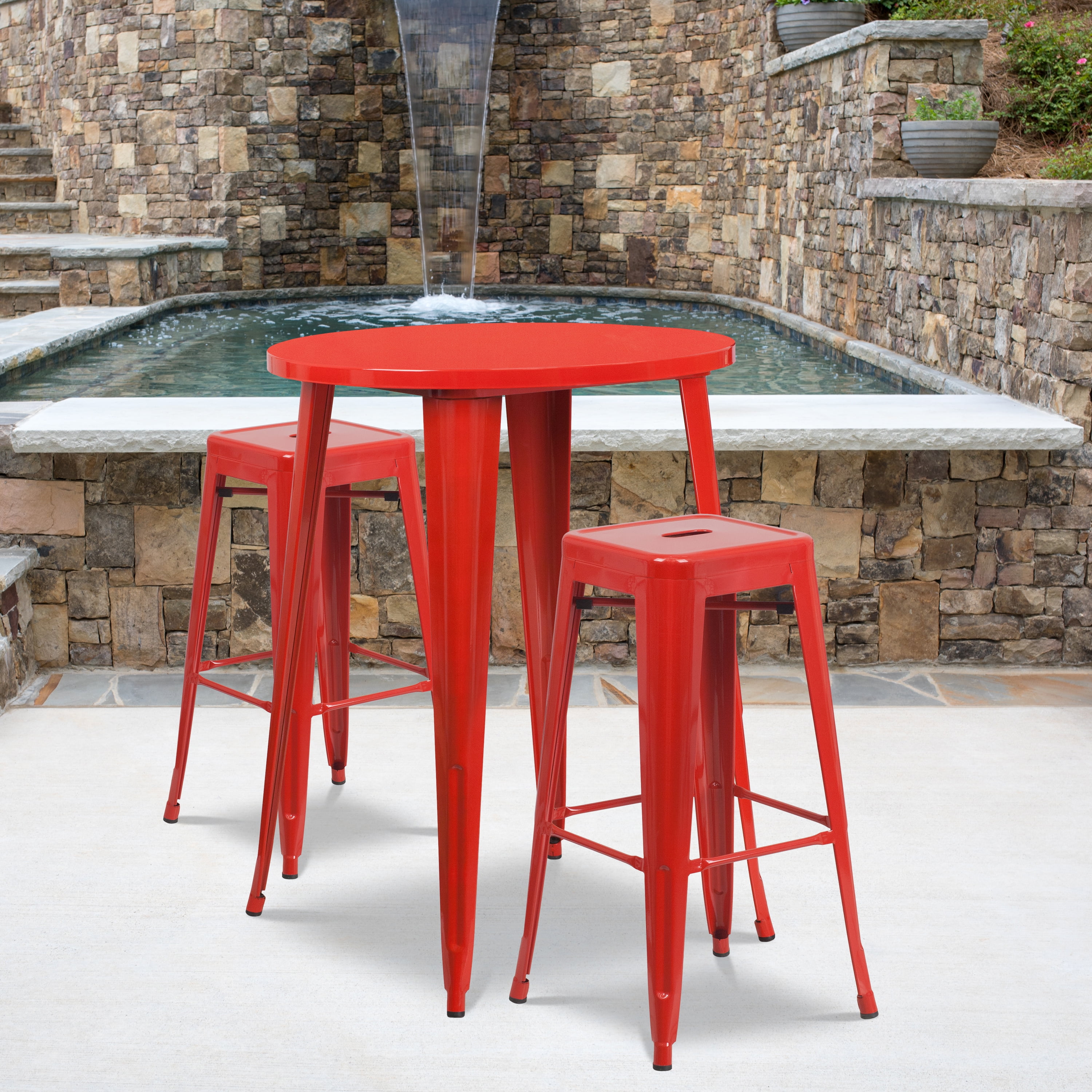 Flash Furniture Commercial Grade 30 Round Red Metal Indoor-Outdoor Bar Table Set with 2 Square Seat Backless Stools 