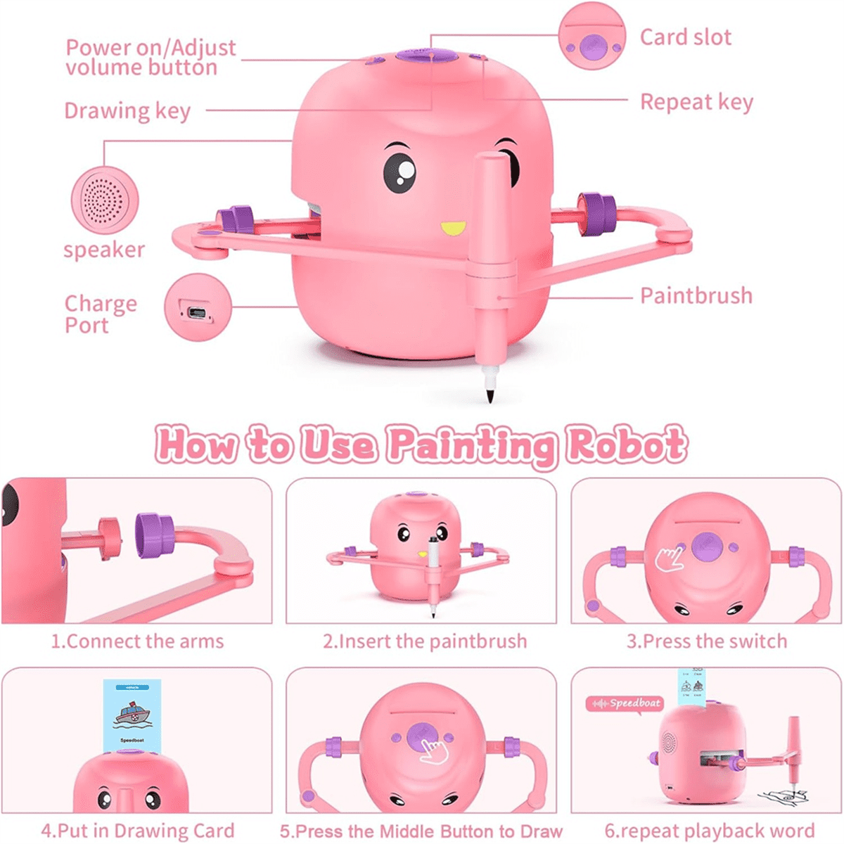 Children'S Intelligent Painting Robot, an Ideal Gift for Children over 5 Years Old,Pink,1 * drawing robot 16 * colored pens 100 * word cards,Pink