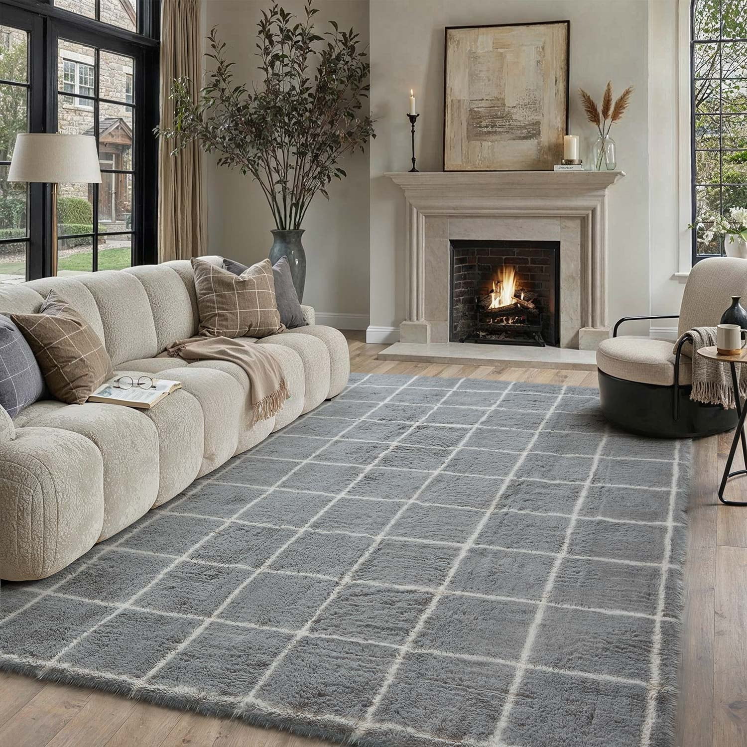 BERTHMEER 8'x10' Large Shag Area Rugs for Living Room Bedroom Dining Room Office Farmhouse Modern Checkered Contemporary Plush Soft Carpets Indoor Fuzzy Fluffy Washable Rugs, Gray