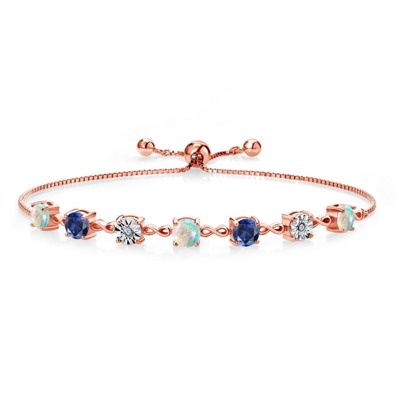 Gem Stone King 2.71 Ct Round Cabochon White Simulated Opal Blue Created Sapphire 18K Rose Gold Plated Silver Lab Grown Diamond Tennis Bracelet for Women (Fully Adjustable up to 9 inch)