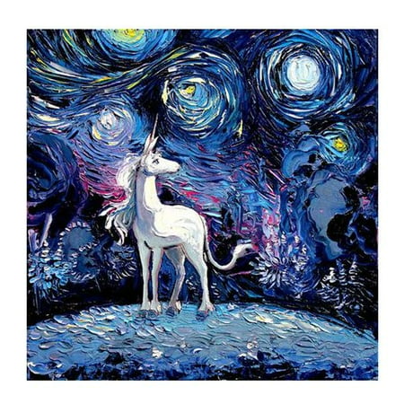 Full Coverage Bib Fancyleo 5D DIY Unicorn Round Diamond Full Diamond Diamond Painting Starry Sky Cross Stitch Unicorn Starry Night Landscape Diamond Painting Home Art Decorations ()