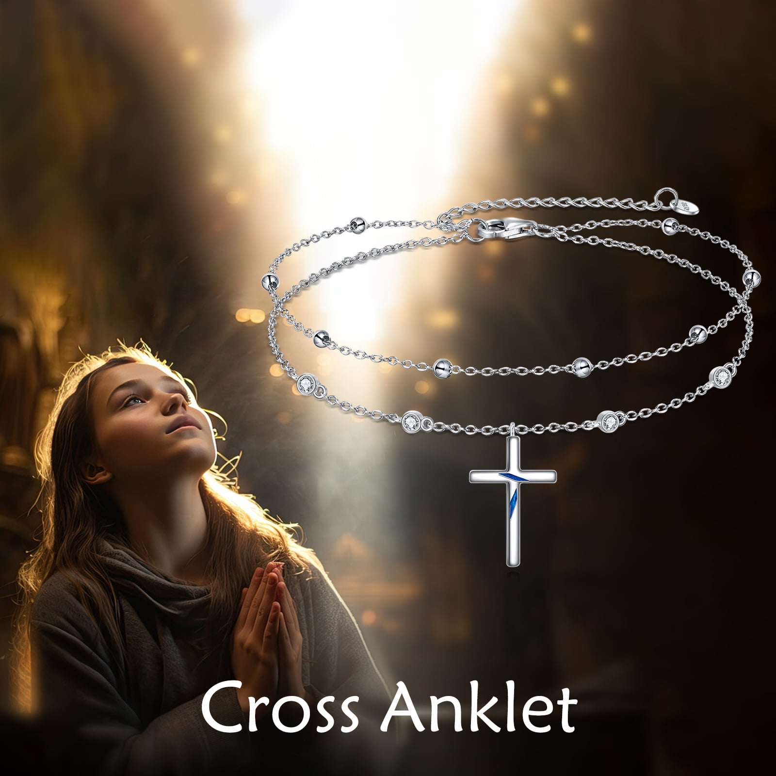 Cross Anklet Sterling Silver Religious Double Chain Anklet Christian Baptism Multi-layer Anklet Jewelry Women's Gift