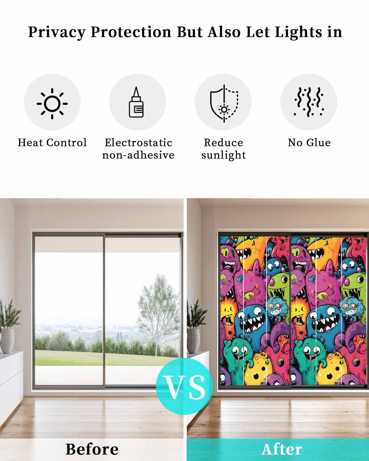 Window Privacy Film Colorful Cute Monsters Stained Glass Window Film Decorative Sun Block Window Cover Abstract Art Modern Window Clings Static Adhesive Sticker for Bathroom 23.6"x59"