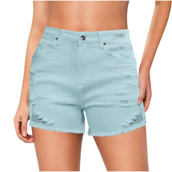 Kilaqueen Jeans for Women Ripped High Waisted Button Closure Frayed Denim Short with Pockets Distressed Solid Color Trendy Short