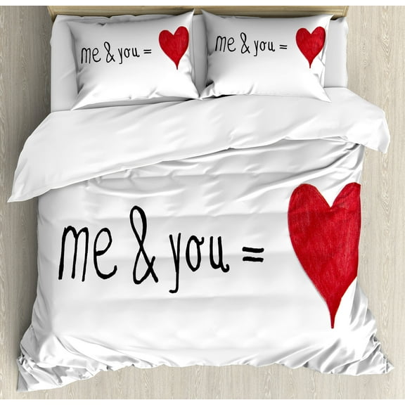 Love Duvet Cover Set, Me and You Equal to Us Everything My World Relationship Eros Arrow Print, Decorative 3 Piece Bedding Set with 2 Pillow Shams, Calking Size, Red Black White, by Ambesonne