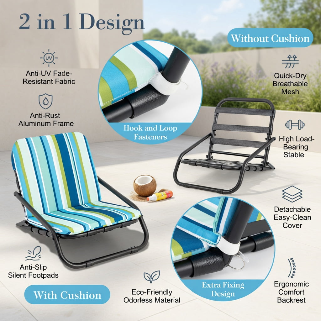 Hommoo 2-Pack Lightweight Low-Profile Folding Beach Chairs for Adults, Aluminum Frame, Quick-Dry Cushioned Seats, Portable & Rustproof, Navy