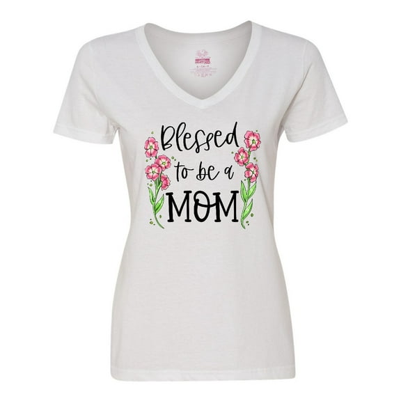 Inktastic Blessed to Be a Mom Pink Flowers Women's V-Neck T-Shirt