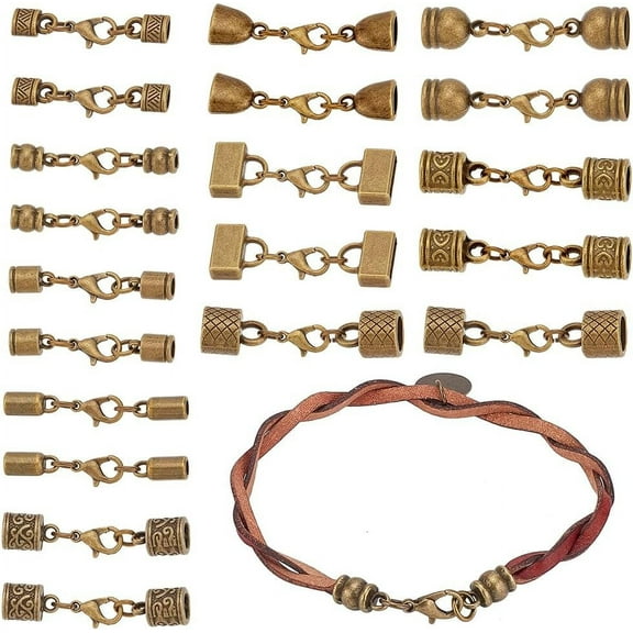 10 Styles Tibetan End Caps 20 Sets Leather Cord End Caps Alloy Tube Barrel End Tip with Lobster Clasp Rope End Caps with Ring Connector for Necklaces Bracelet