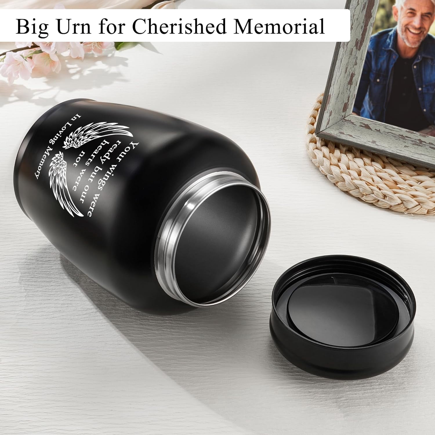 XIUDA Large Stainless Steel Urn for Human Ashes - 8.5 Inch Decorative Funeral Urn, Wings Cremation Keepsake for Men Women, Black Memorial Keepsake for Ashes