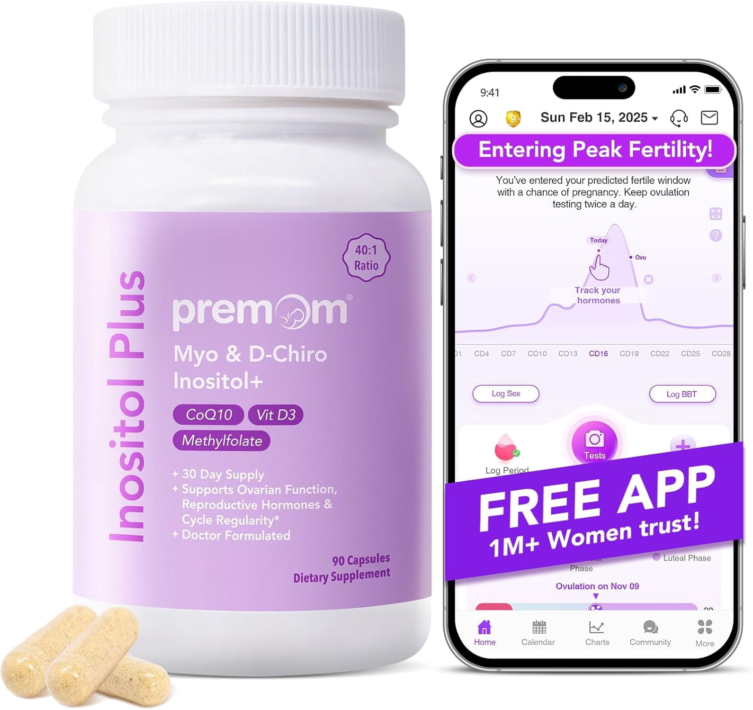 Premom Inositol Plus Fertility Supplement with Myo-Inositol & D-Chiro Inositol, 50mg for Ovarian & Reproductive Health