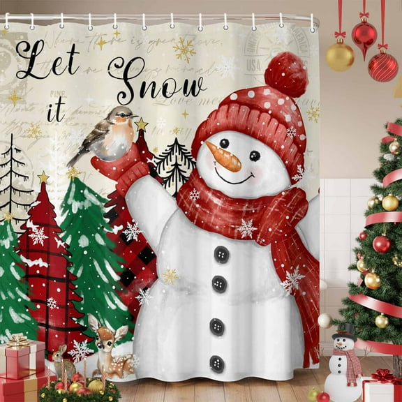 Red Snowman Christmas Shower Curtain, Xmas Tree Snowflake Vintage Waterproof Fabric Shower Curtains with 12 Hooks, Bathroom Curtain Set for Bathroom Accessories Decor, 72 x 96 Inches