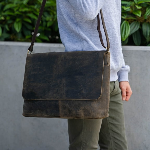 18-Inch Buffalo Leather Laptop Messenger Bag for Men and Women – Handmade Satchel Briefcase