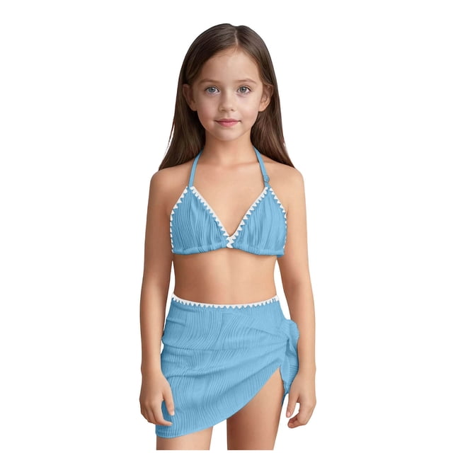 SDNall Girls Cute Two Piece Bathing Suit Set with Mesh Skirt, Solid Color Blocking Suspenders Bikini Swimsuit