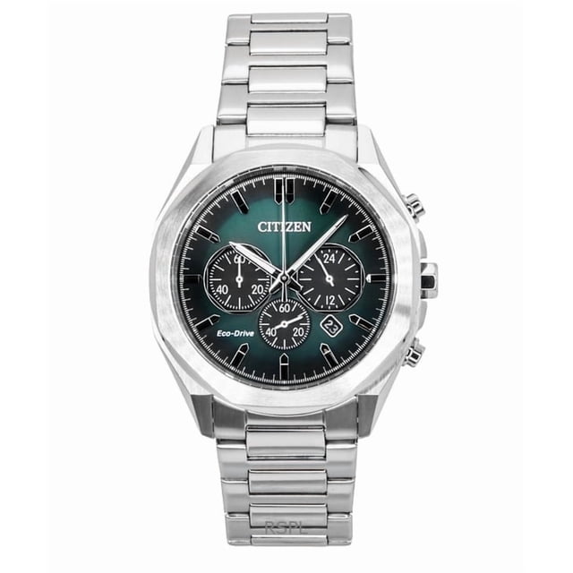 citizen reloj eco-drive con cronógrafo y esfera verde para hombre ca4590-81x Reloj de hombre con esfera verde sunray y tres subesferas cronógrafas, agujas y marcadores plateados; caja de acero inoxidable de 41 mm y correa de 22 mm en eslabones plateados con cierre desplegable de seguridad. Movimiento Eco-Drive, bisel fijo, cristal mineral resistente a arañazos y resistencia al agua 100 m. Su tamaño lo hace adecuado también para uso de viaje diario.