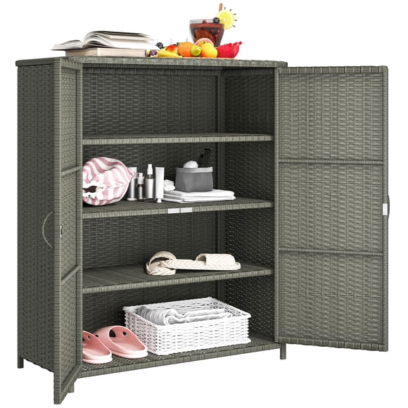 Outsunny Wicker Outdoor Storage Cabinet, 4-Shelf Pool Storage, Dark Grey